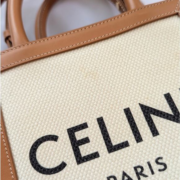 Celine Tan/Natural Mini Cabas Vertical Leather/Textile Logo Tote Bag - Picture 7 of 12